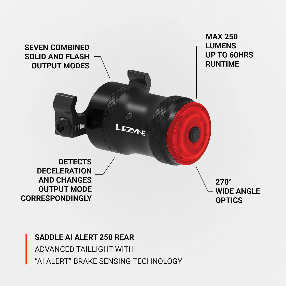 Lezyne SADDLE Ai ALERT 250 REAR 250 LUMENS SADDLE MOUNT REAR LIGHT "Ai ALERT" FUNCTION