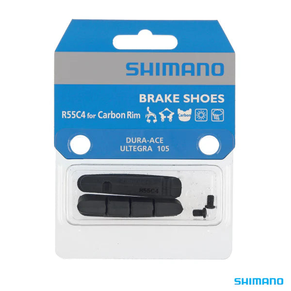 SHIMANO R55C4-A Cartridge-type brake shoes (-1 mm thinner Shoe) and fixing bolts for carbon rim (pair)